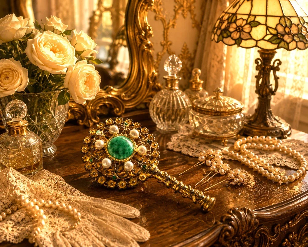 Vtg Ormolu Filigree Gold Gilt Miniature Hand Mirror Faux Pearl Green Cabochon